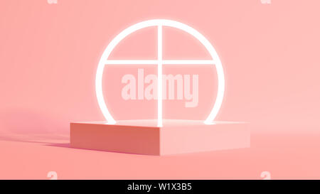 A rectangular cube base holding an illuminated neon white crucifix on an isolated salmon pink studio environment - 3D render Stock Photo