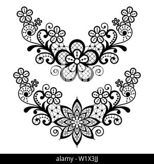 Lace single vector pattern set - black floral lace half wreath, half circles design collection, retro openwork background Stock Vector