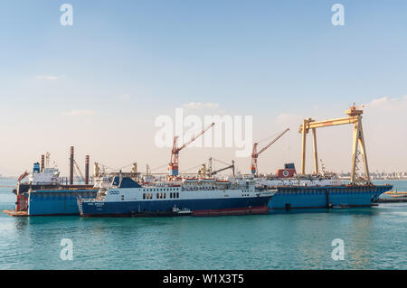 Port Tewfik, Egypt - November 5, 2017: Passenger ship Duda Bridge at the Port Tewfik in the suburbs of Suez. The Suez Port is an Egyptian port located Stock Photo