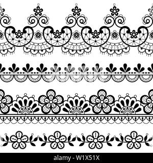 Vintage lace seamless vector pattern, ornamental repetitive design with flowers and swirls in black on white background Stock Vector