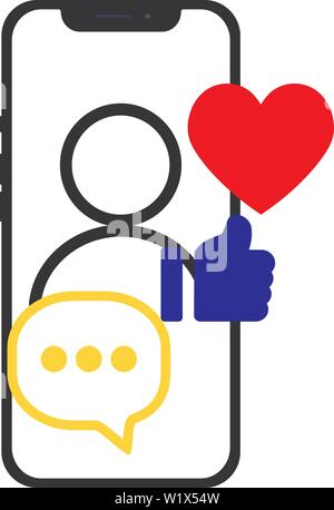 Smartphone with social media related icons over the screen. Flat vector illustration for the web site, app, banner. Stock Vector