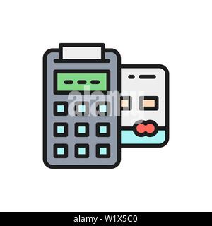 Vector POS credit card, banking terminal, payments methods flat color line icon. Stock Vector
