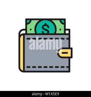 Vector wallet with dollars, save money, invest flat color line icon. Stock Vector