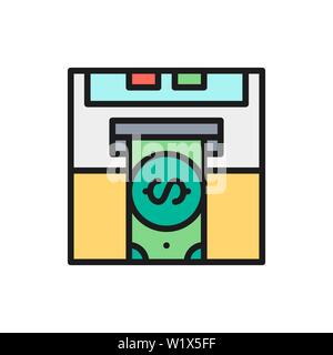 Vector insert credit card, bank ATM, cash dispenser flat color line icon. Stock Vector