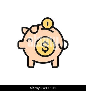 Vector piggy bank, save money flat color line icon. Stock Vector