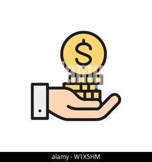 Vector hand with coin pile, save money, invest flat color line icon. Stock Vector
