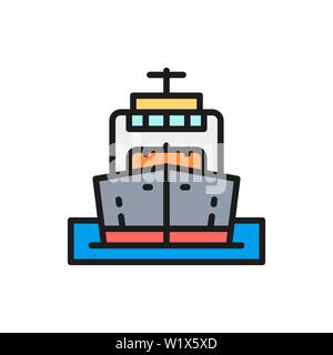 Vector cargo ship, boat, oil transportation, cruise flat color line icon. Stock Vector