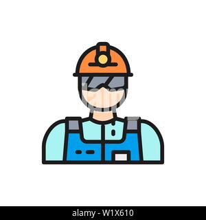 Vector industrial worker, engineer, builder, miner flat color line icon. Stock Vector