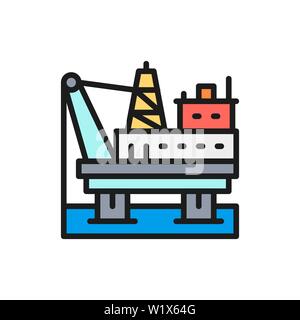 Vector oil platform in sea, fuel rig, pumping station flat color line icon. Stock Vector