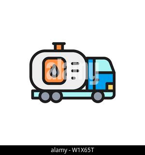 Vector fuel truck, car with oil tank, water transfer flat color line icon. Stock Vector