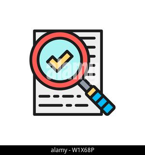 Vector magnify glass with contract, approved, checklist, flat color line icon. Stock Vector