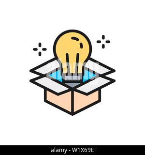Vector light bulb in box, innovation, creative idea flat color line icon. Stock Vector