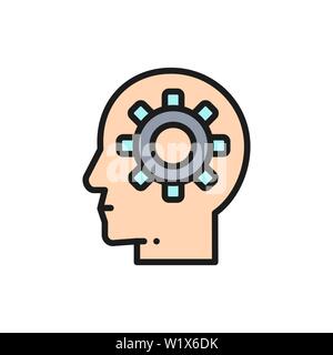 Vector head with gear, brain process, knowledge, idea flat color line icon. Stock Vector