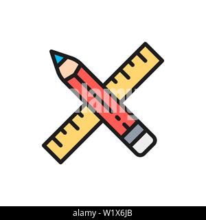 Vector pencil and ruler, project, art flat color line icon. Stock Vector