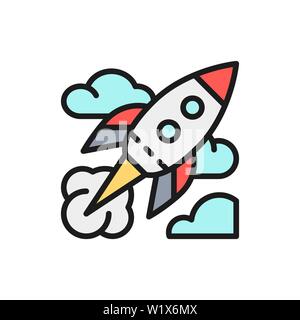 Vector rocket, startup flat color line icon. Stock Vector