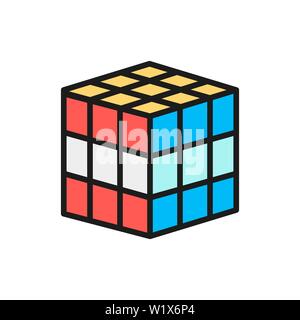 Vector 3d cube, mechanical puzzle toy flat color line icon. Stock Vector