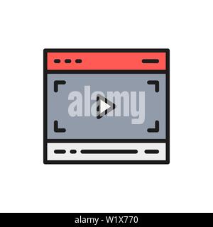 Vector video player on browser, multimedia page flat color line icon. Stock Vector