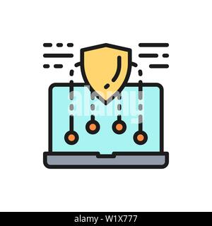 Vector security laptop, safe computer, web protect, device protection flat color line icon. Stock Vector