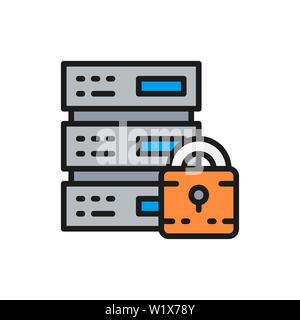 Vector safe server, protected data center, web hosting flat color line icon. Stock Vector
