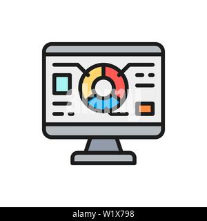Vector graph diagram in computer browser, programming, seo flat color line icon. Stock Vector