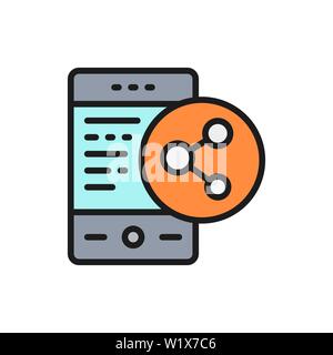 Vector phone with social media link, share, network flat color line icon. Stock Vector