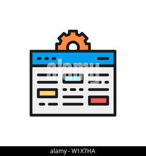 Vector webpage with gear, internet development, seo flat color line icon. Stock Vector