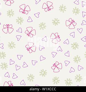 Seamless multicolored doodle background with flowers and butterflies. Vector illustration for packaging and printing on fabric Stock Vector
