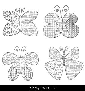 Zentangle butterfly set for adult antistress coloring book on white background. Zen art illustration Stock Vector