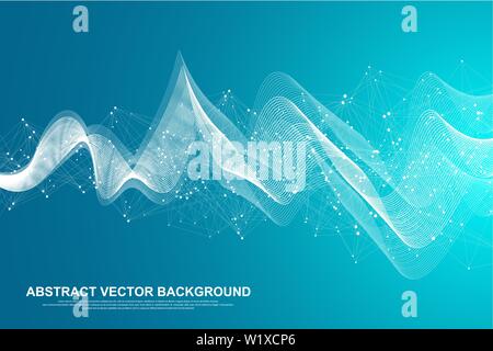 Abstract plexus background with connected lines and dots. Wave flow. Plexus geometric effect Big data with compounds. Lines plexus, minimal array Stock Vector