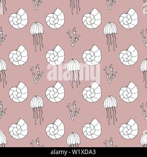 Zentangle stylized seashell and other sea inhabitants seamless pattern. Hand drawn aquatic doodle vector illustration. Stock Vector