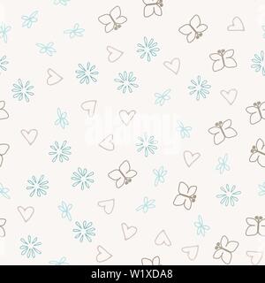 Seamless multicolored doodle background with flowers and butterflies. Vector illustration for packaging and printing on fabric. Stock Vector