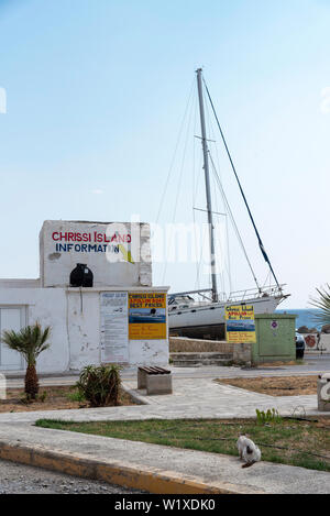 Ierapetra, Crete, Greece. June 2019. Chrissi Island booking office for boat trips to this island from Ierapetra town centre. Stock Photo