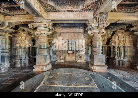 interior shot of Halebid Hoysaleswara Jain temple, Dwarasamudra (gateway to the seas), Halebidu, Hassan, Karnataka, India Stock Photo