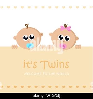 its twins boy and girl welcome greeting card for childbirth with baby face vector illustration EPS10 Stock Vector