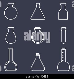 Bottles Icons Set isolated on dark background. Chemistry equipment. Medical accessories. Vector illustration. Stock Vector