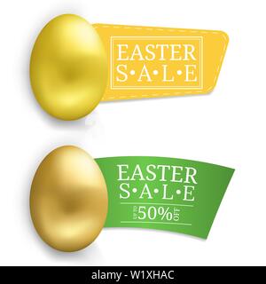 Easter Sale Banner with Golden Egg. Voucher, wallpaper,flyers, invitation, posters, brochure, coupon discount,greeting card. Vector illustration. Stock Vector