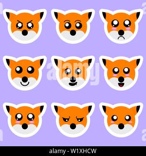 Set of fox stickers. Different emotions, expressions. Sticker in anime style. Vector Illustration for your design. Stock Vector