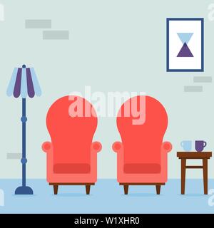 Interior of the living room. Vintage cozy red armchairs, abstract picture, lamp and chair with cups in room. Interior elements. Vector illustration. Stock Vector