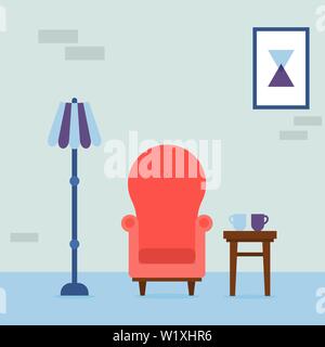 Interior of the living room. Vintage cozy red armchair, abstract picture, lamp and chair with cups in room. Interior elements. Vector illustration. Stock Vector