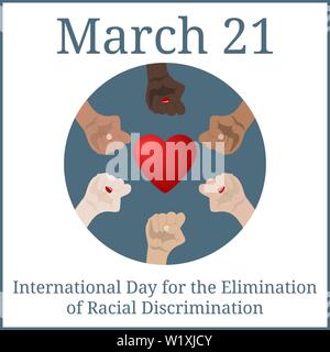 International Day for the Elimination of Racial Discrimination. March 21. March Holiday Calendar. People's hands with different skin color together. R Stock Vector