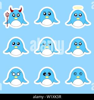 Set of penguin stickers. Different emotions, expressions. Sticker in anime style. Vector Illustration for your design. Stock Vector