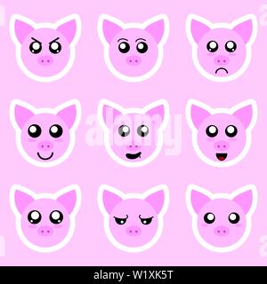 Set of pig stickers. Different emotions, expressions. Sticker in anime style. Vector Illustration for your design. Stock Vector