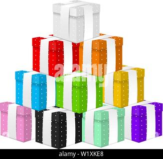 Mountain of Colored 3d Gifts Boxes with White Ribbon isolated on white background. Element for Various Holiday Designs. Christmas, Valentine's day, Ne Stock Vector