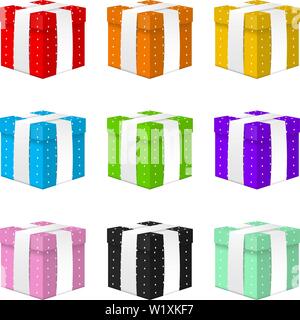 Set of Realistic Vector 3d Gift Boxes with White Ribbon isolated on white background. Element for Various Holiday Designs. Christmas, Valentine's day, Stock Vector