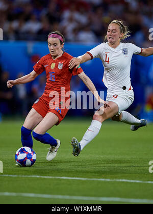 LYON, FRANCE - JULY 02: Rose Lavelle of the USA and Keira Walsh of England competes for the ball during the 2019 FIFA Women's World Cup France Semi Final match between England and USA at Stade de Lyon on July 2, 2019 in Lyon, France. (Photo by David Aliaga/MB Media) Stock Photo