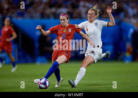 LYON, FRANCE - JULY 02: Rose Lavelle of the USA and Keira Walsh of England competes for the ball during the 2019 FIFA Women's World Cup France Semi Final match between England and USA at Stade de Lyon on July 2, 2019 in Lyon, France. (Photo by David Aliaga/MB Media) Stock Photo