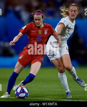 LYON, FRANCE - JULY 02: Rose Lavelle (L) of the USA competes for the ball with  Keira Walsh of England during the 2019 FIFA Women's World Cup France Semi Final match between England and USA at Stade de Lyon on July 2, 2019 in Lyon, France. (Photo by David Aliaga/MB Media) Stock Photo