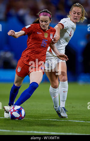 LYON, FRANCE - JULY 02: Rose Lavelle of the USA and Keira Walsh of England competes for the ball during the 2019 FIFA Women's World Cup France Semi Final match between England and USA at Stade de Lyon on July 2, 2019 in Lyon, France. (Photo by David Aliaga/MB Media) Stock Photo