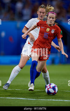 LYON, FRANCE - JULY 02: Rose Lavelle of the USA and Keira Walsh of England competes for the ball during the 2019 FIFA Women's World Cup France Semi Final match between England and USA at Stade de Lyon on July 2, 2019 in Lyon, France. (Photo by David Aliaga/MB Media) Stock Photo