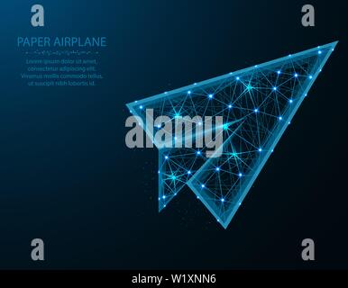 Paper airplane low poly design, flight up in polygonal style, vector illustration on blue background Stock Vector